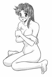 Rule 34 | 1girl, barefoot, blush, breasts, futari ecchi, greyscale, highres, katsu aki, medium breasts, monochrome, nude, onoda yura, sitting, solo