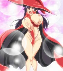 Rule 34 | 1girl, absurdres, black hair, grabbing another&#039;s breast, breasts, cape, curvy, female focus, fingering, grabbing, grabbing own breast, gyakuten majo saiban: chijo na majo ni sabakarechau, hat, highres, huge breasts, kaoru enma, long hair, moaning, naughty face, nipples, open mouth, pink pineapple, plump, screencap, shiny skin, smile, solo, standing, thick thighs, thighs, third-party edit, witch, witch hat