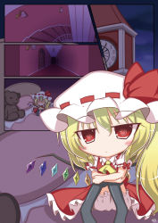 Rule 34 | 1girl, bed, blanket, blonde hair, blush, chibi, clock, clock tower, colorized, comic, crystal, flandre scarlet, hallway, hat, komakoma (magicaltale), lamp, long hair, pillow, red eyes, ribbon, room, scarlet devil mansion, sitting, stairs, stuffed animal, stuffed toy, teddy bear, touhou, tower, wings