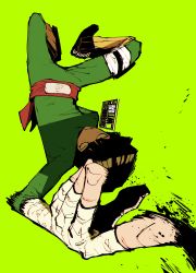 Rule 34 | 1boy, absurdres, arm behind back, bandaged hand, bandaged leg, bandages, black hair, blush, bonesaw (rdkshinku), drunk, fingernails, foreshortening, green background, green theme, headband, highres, looking at viewer, male focus, motion lines, naruto, naruto (series), parted lips, red headband, rock lee, simple background, solo, speed lines, thigh strap, upside-down, watermark