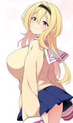 Rule 34 | 1girl, ass, bad id, bad twitter id, blonde hair, blue skirt, blush, breasts, hair intakes, hairband, idolmaster, idolmaster cinderella girls, kurosaki chitose, lace-trimmed hairband, lace trim, large breasts, looking at viewer, looking back, red eyes, school uniform, serafuku, simple background, skirt, sleeves past fingers, sleeves past wrists, smile, solo, twisted torso, uccow, white background, yellow serafuku