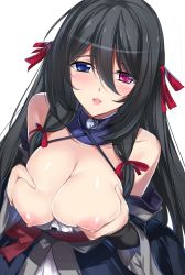 Rule 34 | ^^^, 10s, 1girl, :d, bell, black hair, blue eyes, blush, bow, breast hold, breasts squeezed together, breasts, breasts out, cleavage, criss-cross halter, hair between eyes, hair ornament, hair ribbon, halterneck, halterneck, heterochromia, highres, jingle bell, kirihime yoruka, large breasts, long hair, looking at viewer, minamon (vittel221), nipples, open mouth, parted lips, pink lips, purple eyes, red bow, red ribbon, ribbon, saijaku muhai no bahamut, sash, smile, solo, very long hair