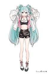 Rule 34 | 1girl, alternate costume, ankle boots, aqua eyes, aqua hair, armpits, arms up, bare legs, black shorts, boots, breasts, collarbone, commentary request, copyright name, crop top, cross-laced footwear, crypton future media, dot nose, expressionless, fingernails, full body, hair between eyes, twirling hair, hand in own hair, hatsune miku, highres, hiro (dismaless), jacket, jewelry, legs together, looking at viewer, midriff, navel, necklace, official art, open clothes, open jacket, parted lips, short shorts, shorts, signature, simple background, skinny, small breasts, solo, star (symbol), star necklace, tareme, tight clothes, twintails, two-sided fabric, two-sided jacket, vocaloid, white background, white footwear, white jacket