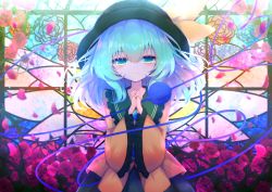 Rule 34 | 1girl, aqua eyes, aqua hair, black hat, blouse, blurry, blush, bow, closed mouth, commentary request, depth of field, eyeball, falling petals, flower, gradient eyes, green skirt, hair between eyes, hat, hat bow, heart, heart of string, highres, interlocked fingers, komeiji koishi, long sleeves, looking at viewer, medium hair, multicolored eyes, own hands together, petals, rose, rose petals, shirt, skirt, smile, solo, stained glass, standing, third eye, tomoe (fdhs5855), touhou, upper body, wide sleeves, window, yellow bow, yellow shirt
