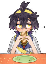 Rule 34 | 1boy, ahoge, arrow (symbol), black hair, blush, buckle, closed mouth, colored inner hair, commentary request, creatures (company), crossed bangs, embarrassed, flying sweatdrops, food, food on face, game freak, hair between eyes, hairband, highres, holding, holding food, jacket, kieran (pokemon), kyouka. (kyouka), lettuce, male focus, multicolored hair, nintendo, plate, pokemon, pokemon sv, sandwich, sideways glance, skewer, solo, strap, sweat, table, white background, white jacket, yellow eyes, yellow hairband