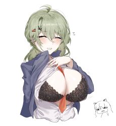 Rule 34 | 2girls, absurdres, ahoge, between breasts, black bra, black jacket, bra, breasts, closed eyes, commentary, cropped torso, de lacey (faraway hotline) (neural cloud), de lacey (neural cloud), girls&#039; frontline, girls&#039; frontline neural cloud, green eyes, hair ornament, highres, jacket, large breasts, long hair, multiple girls, necktie, necktie between breasts, official alternate costume, orange necktie, parted lips, persicaria (neural cloud), ribu (rv), shirt, simple background, smile, unbuttoned, unbuttoned shirt, underwear, white background, white shirt