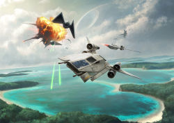 Rule 34 | aerial battle, battle, beach, cloud, day, death star, dogfight, energy beam, energy cannon, epic, explosion, flying, forest, nature, realistic, rogue one: a star wars story, scarif, science fiction, spacecraft, space station, spoilers, star wars, starfighter, tie fighter, tie striker, u-wing, water, wraithdt, x-wing