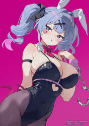 Rule 34 | 1girl, alternate breast size, animal ears, black leotard, blue eyes, blue hair, blush, breasts, commentary request, cuffs, detached collar, fake animal ears, grin, hair ornament, handcuffs, hatsune miku, highres, large breasts, leotard, looking at viewer, medium hair, pantyhose, playboy bunny, rabbit ears, rabbit hole (vocaloid), simao (x x36131422), smile, solo, twintails, vocaloid, x hair ornament