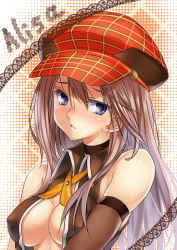 Rule 34 | 10s, 1girl, alisa ilinichina amiella, blue eyes, blush, breasts, female focus, fingerless gloves, gloves, god eater, god eater burst, hat, highres, icqoo, large breasts, long hair, navel, open clothes, plaid, skirt, solo, suspenders, thighhighs, underboob