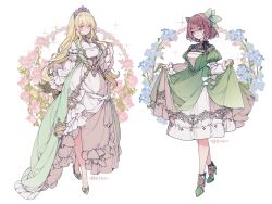Rule 34 | 2girls, blonde hair, blue eyes, blue flower, bow, breasts, brown hair, commentary, commission, detached sleeves, dress, flower, frown, full body, glasses, green bow, green dress, green eyes, green footwear, hair bow, high heels, jewelry, large breasts, layered dress, lemon89h, long hair, looking at viewer, multiple girls, necklace, original, pink flower, pink rose, pointy ears, rose, signature, simple background, smile, tiara, white background, white dress, white sleeves