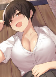 Rule 34 | 1girl, bench, blush, breasts, brown hair, brown skirt, cccpo, cleavage, collarbone, commentary request, highres, huge breasts, large breasts, looking at viewer, lying, on back, open mouth, original, pixie cut, shirt, short hair, short sleeves, skirt, smile, solo, sweat, textless version, tomboy, white shirt