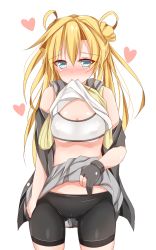 Rule 34 | 10s, 1girl, absurdres, abukuma (kancolle), abukuma kai ni (kancolle), ass, bare shoulders, bike shorts, black gloves, blonde hair, blue eyes, blush, bra, breasts, cameltoe, cleavage, clothes lift, covered erect nipples, double bun, gloves, hair between eyes, hair bun, hair rings, heart, highres, kantai collection, long hair, looking at viewer, mouth hold, open clothes, partially fingerless gloves, pikacchi, school uniform, serafuku, shirt lift, simple background, skirt, skirt lift, smile, solo, sports bra, thigh gap, thighs, twintails, underboob, underwear, white background