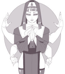 Rule 34 | 1girl, absurdres, bare arms, dress, extra arms, hana hana no mi, highres, jobin chan, long sleeves, looking at viewer, nico robin, nun, one piece, praying, short hair, simple background, standing, thighhighs, white background