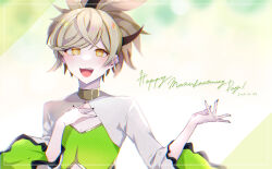 Rule 34 | 1boy, androgynous, android, black nails, dated, gekkouin koyomi, green background, hand on own chest, happy birthday, highres, light brown hair, long sleeves, looking at viewer, male focus, multicolored background, nail polish, open mouth, orange eyes, ponytail, shenaa, smile, solo, technoroid, white background