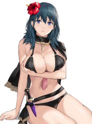 Rule 34 | 1girl, belt, bikini, black bikini, blue eyes, blue hair, blush, breasts, byleth (female) (fire emblem), byleth (female) (summer) (fire emblem), byleth (fire emblem), cape, cleavage, dagger, female focus, fire emblem, fire emblem: three houses, flower, hair flower, hair ornament, highres, j@ck, knife, lactation, lactation through clothes, large breasts, looking at viewer, medium hair, navel, nintendo, official alternate costume, parted lips, shiny skin, simple background, sitting, solo, swimsuit, weapon, white background
