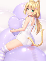 Rule 34 | 1girl, animal ears, ass, balloon, blonde hair, blunt bangs, blush, breasts, cat ears, cat tail, closed mouth, clothing cutout, from behind, green eyes, heart balloon, highres, low twintails, original, sasaame, sitting, small breasts, smile, solo, straddling, striped clothes, striped thighhighs, tail, tail through clothes, thighhighs, twintails, white thighhighs