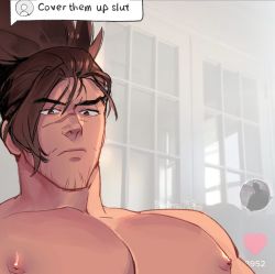 Rule 34 | 1boy, artist name, bara, brown eyes, brown hair, cover them up slut (meme), facial hair, heart, highres, large pectorals, league of legends, long hair, looking at viewer, male focus, meme, muscular, muscular male, nipples, pectorals, ponytail, punbun 4fun, scar, solo, stubble, topless male, yasuo (league of legends)