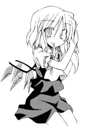 Rule 34 | 1girl, adjusting hair, ascot, flandre scarlet, greyscale, looking at viewer, monochrome, mouth hold, no headwear, no headwear, satou kibi, short hair, short hair with long locks, side ponytail, skirt, skirt set, smile, solo, touhou, tying hair, wings