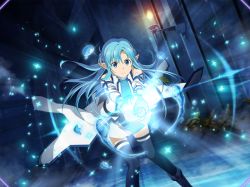 Rule 34 | 1girl, asuna (sao-alo), blue eyes, blue hair, blue thighhighs, closed mouth, detached sleeves, floating hair, game cg, hair between eyes, hydrokinesis, leaning forward, long hair, looking at viewer, miniskirt, pointy ears, skirt, solo, sword art online, sword art online: alicization, sword art online: alicization rising steel, sword art online: unleashed blading, thighhighs, v-shaped eyebrows, very long hair, waist cape, water, white skirt, white sleeves, zettai ryouiki