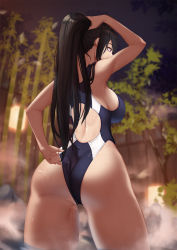 Rule 34 | 1girl, adjusting clothes, adjusting hair, adjusting swimsuit, armpits, ass, bamboo, black hair, competition swimsuit, daydream (zhdkffk21), highres, long hair, night, one-piece swimsuit, onsen, ponytail, solo, standing, steam, swimsuit, tree, wet