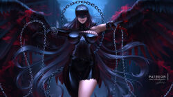 Rule 34 | 1girl, asymmetrical clothes, aura, belt, breasts, building, chain, city, commentary, demon, demon girl, digimon, digimon (creature), energy, english commentary, epic, fallen angel, female focus, gloves, glowing, helmet, highres, ladydevimon, large breasts, lolliedrop, long hair, looking at viewer, mask, monster girl, night, outstretched arms, red eyes, revealing clothes, shiny clothes, sideboob, silver hair, skull, smirk, solo, torn clothes, very long hair, wings