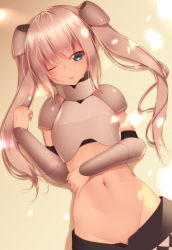Rule 34 | 10s, 1girl, arm guards, armor, bad id, bad pixiv id, blonde hair, blue eyes, blush, breastplate, clothes pull, gauntlets, gradient background, groin, hair ornament, highres, long hair, lying, midriff, miss monochrome, miss monochrome (character), navel, no panties, on back, one eye closed, parted lips, shokuyou mogura, skirt, skirt pull, solo, sweat, twintails, vambraces, very long hair