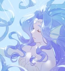 Rule 34 | 1girl, blue background, blue hair, breasts, bubble, cleavage, closed eyes, facing to the side, fins, head fins, large breasts, long hair, mel6969, mermaid, monster girl, open mouth, shell, shell bikini, show by rock!!, solo, underwear, wavy hair, wendy (show by rock!!)