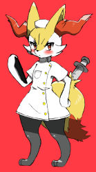 Rule 34 | 1girl, absurdres, animal ear fluff, animal ears, animal hands, animal nose, barefoot, black fur, blush, body fur, braixen, breast pocket, chizi, clipboard, closed mouth, clothed pokemon, creatures (company), dress, female focus, flat chest, fox ears, fox girl, fox tail, full body, furry, furry female, game freak, gen 6 pokemon, hand on own hip, hand up, hat, highres, holding, nintendo, nurse, nurse cap, pocket, pokemon, pokemon (creature), red background, red eyes, short sleeves, simple background, sketch, snout, solo, standing, syringe, tail, white dress, white fur, yellow fur