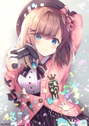 Rule 34 | 1girl, :3, blush, bow, cardigan, commentary request, controller, hair between eyes, hair ornament, hat pin, highres, holding, holding controller, jewelry, looking at viewer, nijisanji, niwasane (saneatsu03), pink cardigan, ring, skirt, solo, striped bow, striped clothes, striped skirt, suzuhara lulu, vertical-striped clothes, vertical-striped skirt, virtual youtuber, x hair ornament
