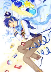 Rule 34 | 1boy, balloon, belt, blue hair, blue scarf, coat, commentary, confetti, crown, envelope, feet out of frame, food, fruit, heart balloon, highres, holding, holding food, ice cream, ice cream cone, ice cream cup, kaito (vocaloid), leaning forward, looking at viewer, nokuhashi, pants, scarf, sparkle, star balloon, strawberry, twitter username, vocaloid