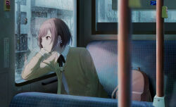 Rule 34 | 1girl, apartment, arm rest, backpack, bag, bare tree, blurry, blurry foreground, boutonniere, braid, brown hair, building, bus interior, collared shirt, depth of field, hand on own chin, highres, jacket, light particles, long sleeves, looking outside, neck ribbon, project sekai, rain, red bag, reflection, ribbon, shinonome ena, shirt, short hair, shurock, side braid, sidelocks, sitting, solo, traffic light, tree, water drop, white shirt, yellow jacket