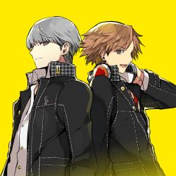 Rule 34 | 2boys, back-to-back, brown hair, grey hair, hanamura yousuke, headphones, houndstooth, male focus, mami (apsaras), multiple boys, narukami yuu, open mouth, persona, persona 4, short hair, simple background, unmoving pattern, upper body, yellow background