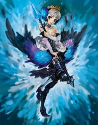 Rule 34 | 1girl, armor, armored dress, bad id, bad pixiv id, bare shoulders, blonde hair, blue background, blue theme, choker, crown, detached sleeves, dress, grey eyes, gwendolyn (odin sphere), hat, leg wings, low wings, odin sphere, polearm, short hair, silver hair, solo, spear, staff, strapless, strapless dress, tomatika, weapon, wings