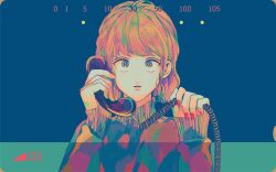Rule 34 | 1girl, brown hair, colorful, corded phone, hair behind ear, hands up, holding, holding phone, nail polish, original, parted lips, phone, red nails, sharp911, short hair, solo, straight-on, sweater, turtleneck, turtleneck sweater, wide-eyed