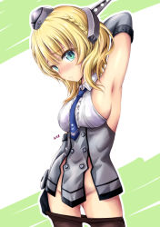 Rule 34 | 1girl, armpits, black gloves, black pantyhose, blonde hair, blouse, blue necktie, braid, breasts, capelet, clothes pull, colorado (kancolle), commentary request, cowboy shot, dress, elbow gloves, garrison cap, gloves, gluteal fold, green background, green eyes, grey dress, groin, hat, headgear, kantai collection, large breasts, necktie, no panties, pantyhose, pantyhose pull, pleated dress, saz (sazin764), shirt, short hair, side braid, side braids, sideboob, single braid, sleeveless, solo, standing, two-tone background, white background, white shirt
