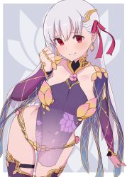 Rule 34 | 1girl, absurdres, arched back, armlet, armor, bikini armor, blush, border, bracelet, breasts, circlet, closed mouth, collar, collarbone, dress, earrings, fate/grand order, fate (series), floral print, grey background, hair ribbon, highres, jewelry, kama (fate), kama (second ascension) (fate), kopaka (karda nui), large breasts, long hair, looking at viewer, metal collar, pelvic curtain, pink ribbon, purple dress, purple sleeves, purple thighhighs, red eyes, ribbon, ring, silver hair, smile, solo, thigh strap, thighhighs, thighs, white border