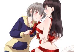 2girls absurdres arms_behind_back bang_dream! bang_dream!_it&#039;s_mygo!!!!! black_hair blue_hoodie blush breasts brown_eyes commentary grey_hair highres hood hood_down hoodie large_breasts long_hair long_sleeves mole mole_under_eye multiple_girls naked_ribbon open_mouth purple_eyes restrained ribbon scrmbl18120915 shiina_taki short_hair simple_background takamatsu_tomori white_background yellow_hoodie yuri