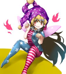 Rule 34 | 1860 (ichi), 1girl, american flag dress, american flag legwear, bad id, bad nicoseiga id, blonde hair, breasts, clownpiece, commentary request, dress, facepaint, fairy wings, hat, jester cap, long hair, looking at viewer, medium breasts, neck ruff, pantyhose, paw pose, polka dot, purple hat, red eyes, short dress, short sleeves, simple background, sitting, smile, solo, star (symbol), star print, striped clothes, striped dress, striped pantyhose, touhou, very long hair, white background, wings