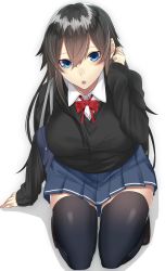 Rule 34 | 1girl, :o, adjusting hair, arm at side, black hair, black thighhighs, blue eyes, blue skirt, bow, bowtie, brown footwear, cardigan, collared shirt, enomoto shizuku, full body, hair between eyes, tucking hair, hand in own hair, hand up, highres, kneeling, loafers, long hair, long sleeves, looking at viewer, miniskirt, onineko-chan, open mouth, original, pleated skirt, red bow, red bowtie, school uniform, shirt, shoes, simple background, skirt, solo, teeth, thighhighs, white background, white shirt, wing collar