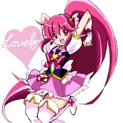 Rule 34 | 10s, 1girl, aino megumi, arms up, boots, bow, bowtie, brooch, character name, cure lovely, full body, hair ornament, happinesscharge precure!, heart, heart background, heart brooch, heart hair ornament, jewelry, long hair, magical girl, oekaki, pink bow, pink eyes, pink hair, pink skirt, ponytail, precure, simple background, skirt, smile, solo, thigh boots, thighhighs, turkey min, white background, white thighhighs, wide ponytail, wrist cuffs