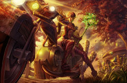 Rule 34 | 1girl, autumn leaves, blonde hair, blood elf (warcraft), boots, breasts, bug, building, butterfly, c home, closed mouth, commentary request, exhaust pipe, falling leaves, fence, floating hair, from below, gloves, glowing, glowing weapon, grass, green eyes, hat, highres, holding, holding staff, insect, leaf, light, md5 mismatch, motor vehicle, motorcycle, outdoors, pointy ears, red headwear, sitting sideways, staff, thigh boots, thighhighs, tree, warcraft, weapon, world of warcraft