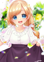 Rule 34 | 1girl, :d, bad id, bad pixiv id, blonde hair, blue eyes, blush, braid, breasts, clip studio paint (medium), collarbone, commentary request, flower, frilled shirt, frills, long hair, looking at viewer, low twintails, medium breasts, misaki (misaki86), open mouth, original, petals, puffy short sleeves, puffy sleeves, purple skirt, shirt, short sleeves, skirt, skirt hold, smile, solo, swept bangs, teeth, twin braids, twintails, upper teeth only, white shirt, yellow flower