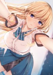 Rule 34 | 1girl, blonde hair, blue bow, blue bowtie, blue eyes, blue skirt, blurry, blurry background, blush, bow, bowtie, breasts, closed mouth, collarbone, collared shirt, large breasts, long hair, looking at viewer, original, shirt, shirt tucked in, short sleeves, skirt, solo, white shirt, yu yu