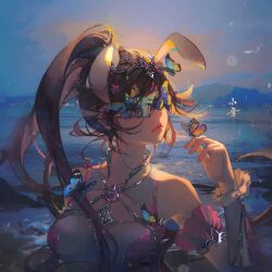 Rule 34 | 1girl, animal ears, artist request, backlighting, bare shoulders, blue sky, breasts, brown hair, bug, butterfly, butterfly on face, butterfly on hand, closed mouth, collar, covered eyes, dark, douluo dalu, dress, hair ornament, hand up, highres, insect, long hair, medium breasts, metal collar, mountainous horizon, outdoors, pink dress, ponytail, rabbit ears, second-party source, sky, solo, upper body, xiao wu (douluo dalu)