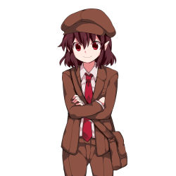 Rule 34 | 1girl, bad id, bad pixiv id, bag, blazer, brown hair, brown hat, brown jacket, brown shorts, cabbie hat, closed mouth, collared shirt, crossed arms, flat chest, forbidden scrollery, hammer (sunset beach), hat, highres, jacket, looking at viewer, necktie, no wings, pointy ears, shameimaru aya, shameimaru aya (newsboy), shirt, short hair, shorts, shoulder bag, smile, solo, tie clip, touhou