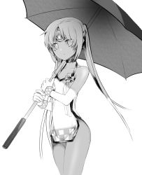 Rule 34 | 1girl, closed mouth, congra320, cowboy shot, elsword, eve (elsword), flat chest, greyscale, highres, long hair, monochrome, race queen, solo, swimsuit, umbrella