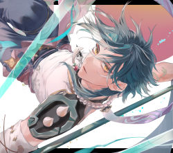 Rule 34 | 1boy, arm tattoo, armor, bead necklace, beads, blue hair, commentary, eyelashes, eyeshadow, facial mark, forehead mark, genshin impact, highres, hiiro (coinxtossxdive), jewelry, looking at viewer, makeup, male focus, multicolored hair, necklace, polearm, red eyeshadow, shoulder armor, solo, spikes, tassel, tattoo, upper body, weapon, xiao (genshin impact), yellow eyes