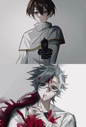 Rule 34 | 2boys, black gloves, black shirt, blood, blood in hair, blood on clothes, blood on face, blood on hands, brown eyes, brown hair, capelet, chinese commentary, closed mouth, commentary request, glasses, gloves, gold trim, grey eyes, gun, hair between eyes, holding, holding gun, holding weapon, jabuchi you, kanou aogu, lab coat, long sleeves, male focus, multiple boys, open clothes, open mouth, qiuqu, saibou shinkyoku, semi-rimless eyewear, shirt, short hair, weapon, white capelet, white hair, white shirt