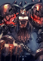Rule 34 | 10s, 1girl, abyssal ship, bare shoulders, battleship water oni, black dress, black gloves, black hair, blurry, candy, chain, chocolate, chocolate heart, colored skin, depth of field, dress, elbow gloves, food, frilled dress, frills, genyaky, gloves, glowing, glowing eyes, hair between eyes, heart, highres, horns, kantai collection, long hair, looking at viewer, machinery, monster, pale skin, red eyes, single horn, smile, strapless, strapless dress, very long hair, white skin