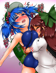 Rule 34 | 2girls, backpack, bag, bearhug, bird wings, black wings, blue eyes, blue hair, blush, bow, breast smother, breasts, brown hair, closed eyes, covered erect nipples, duplicate, face to breasts, hair bobbles, hair bow, hair ornament, hat, highres, kawashiro nitori, large breasts, multiple girls, one-piece swimsuit, puffy sleeves, reiuji utsuho, ryona, saliva, school swimsuit, shirt, skirt, swimsuit, tears, touhou, twintails, two side up, wings, yazuki gennojou, yuri
